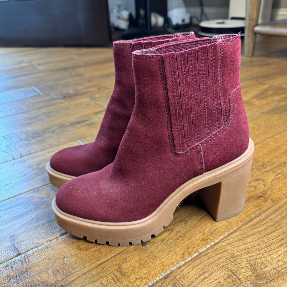 Dolce Vita Waterproof Leather Boots Caster H20 Maroon Chunky Heel Womens 7 - Picture 2 of 4
